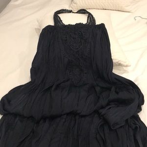 Full length flowy navy dress.